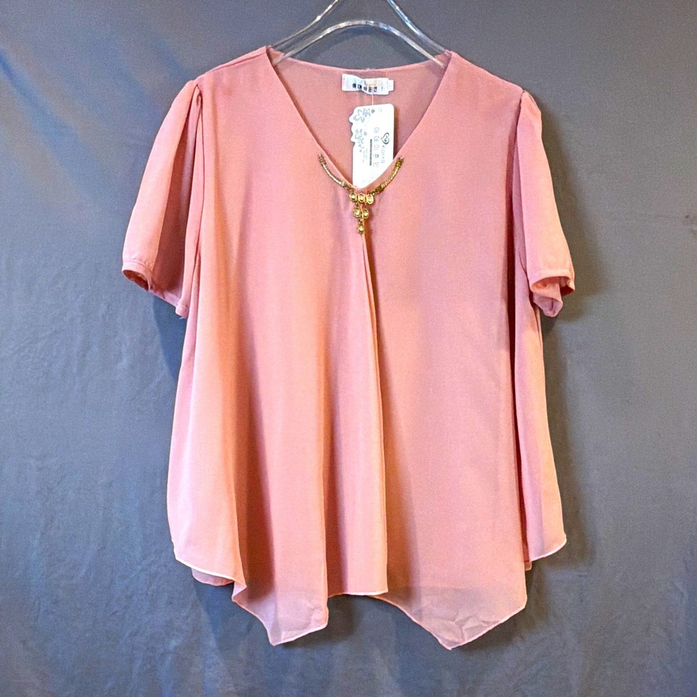 Korea Women Pink Solid V-Neck Short Sleeve Pullover Beaded Blouse Fits like XL